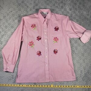 MiLi Designs Button-up Shirt Small‎ Pink Stripe Vintage Embroidered Butterfly
